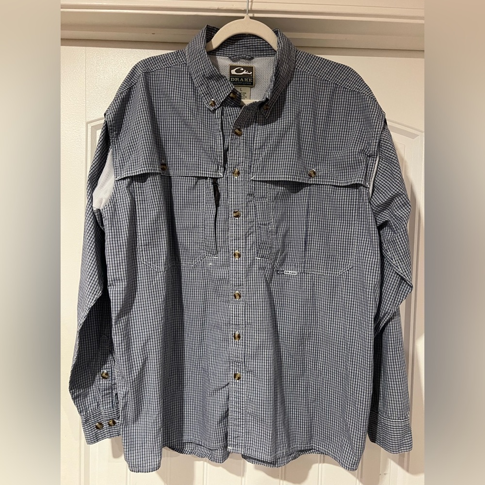Drake Mens Medium Blue Plaid Vented Magnet Zip Fishing Button Up size L